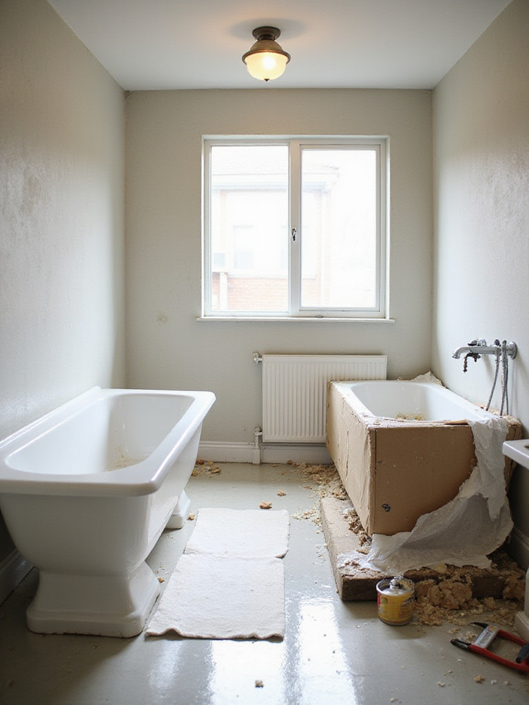Bathroom renovation scene illustrating the difference between bathtub refinishing (refreshing the existing tub) and replacement (installing a new tub).