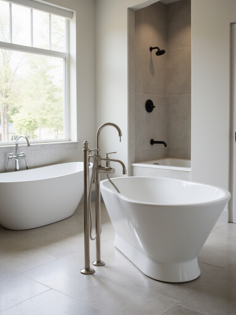 Variety of popular bathtub faucet styles including floor-mounted, deck-mounted, and wall-mounted faucets in different finishes, shown in elegant bathroom settings.