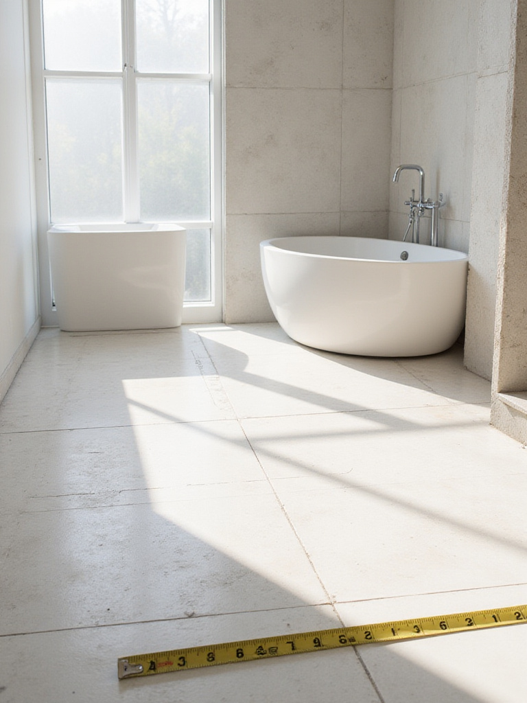 Bathroom floor plan showing measurements and potential bathtub size layouts.