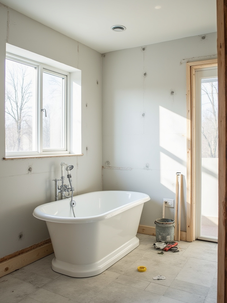 Bathroom renovation showing the process of installing a new bathtub in an alcove, with visible plumbing and prepared walls.