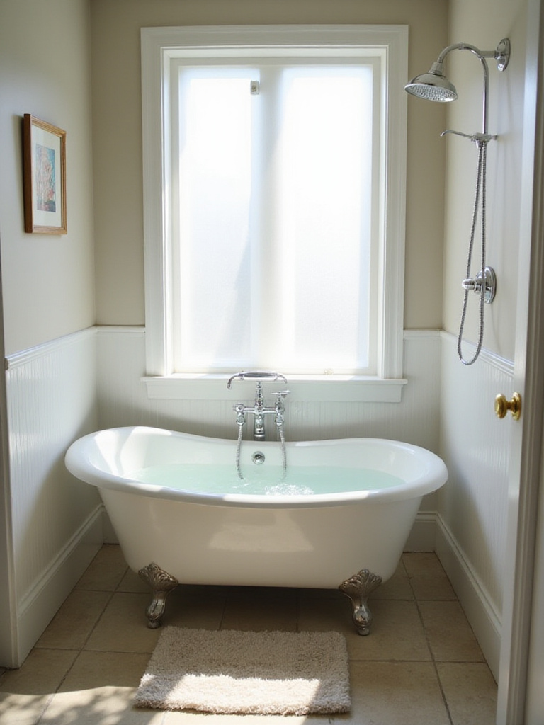 Comparison scene in a bathroom showing a bathtub and a shower, illustrating the difference in water usage.