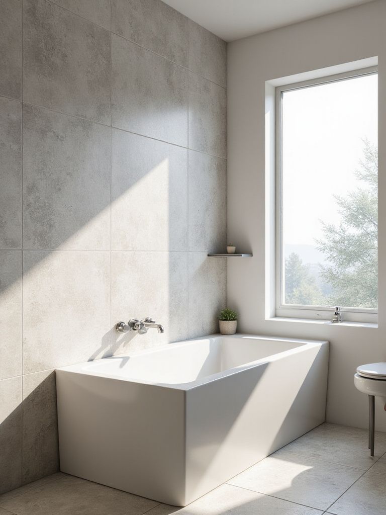 A compact, deep soaking tub in a small, modern bathroom with light-colored tiles and natural light.