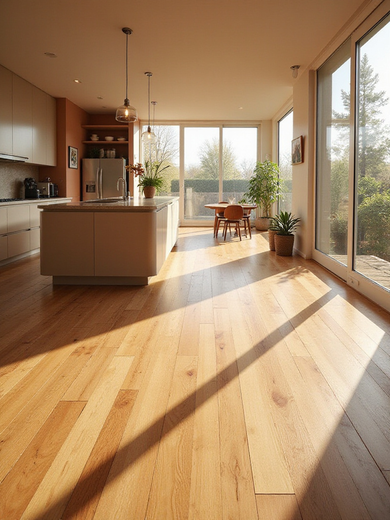 Kitchen with warm medium-toned wide-plank wood flooring.