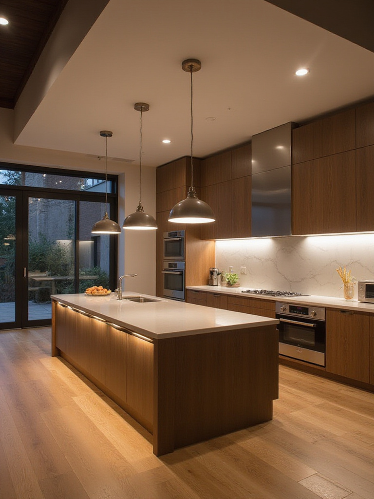 Kitchen with recessed ceiling lights, under-cabinet lighting, and pendant lights over an island.