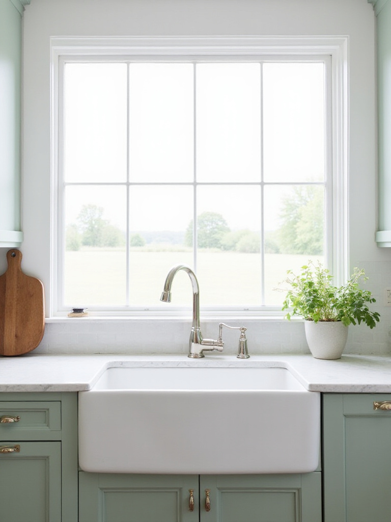 White fireclay farmhouse sink in a modern kitchen with quartz countertops.