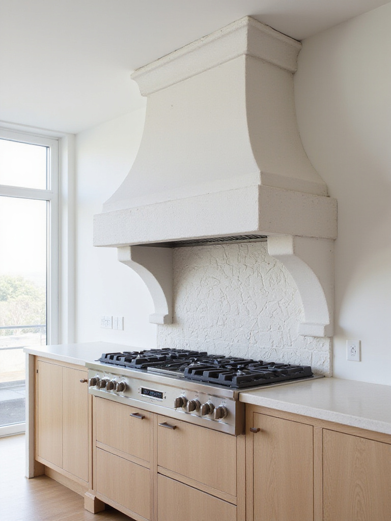 Kitchen with a large white plaster range hood as a focal point.
