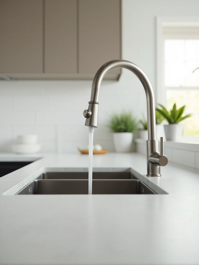 Brushed nickel high-arc pull-down faucet over stainless steel sink.
