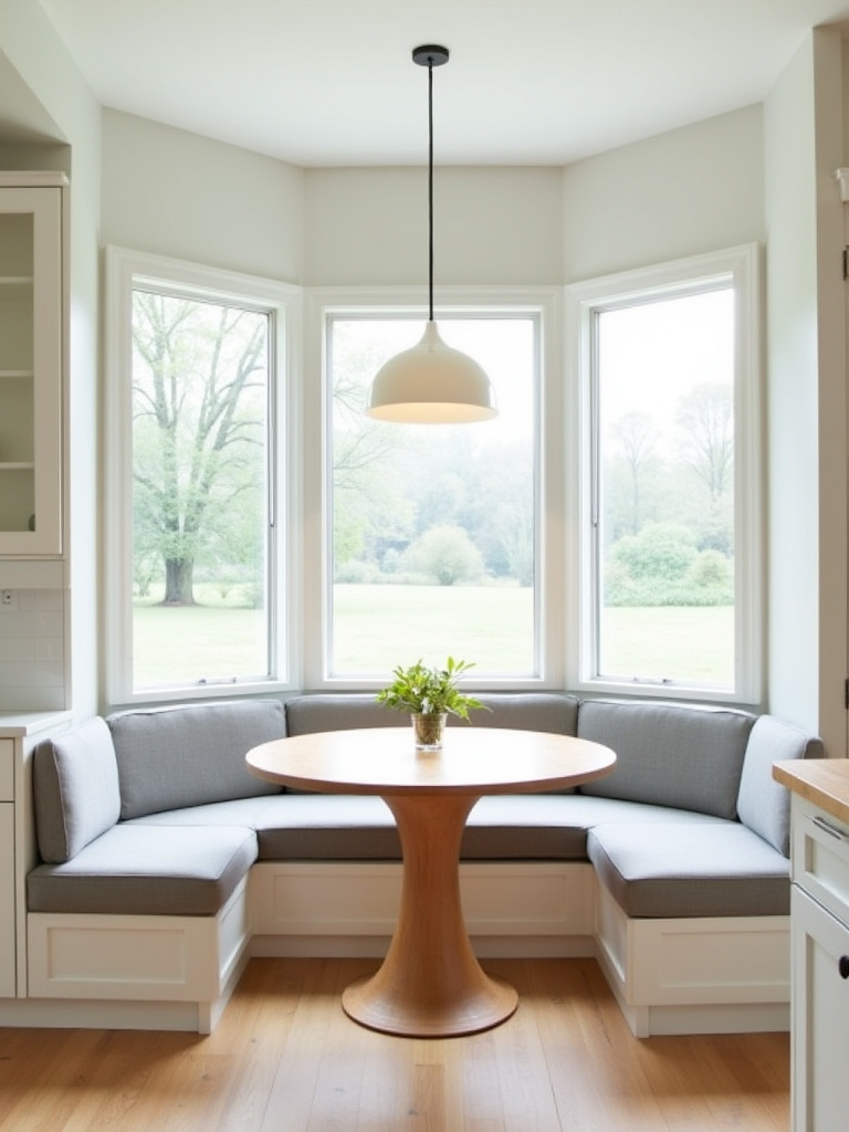 L-shaped built-in banquette seating in a bright kitchen nook.