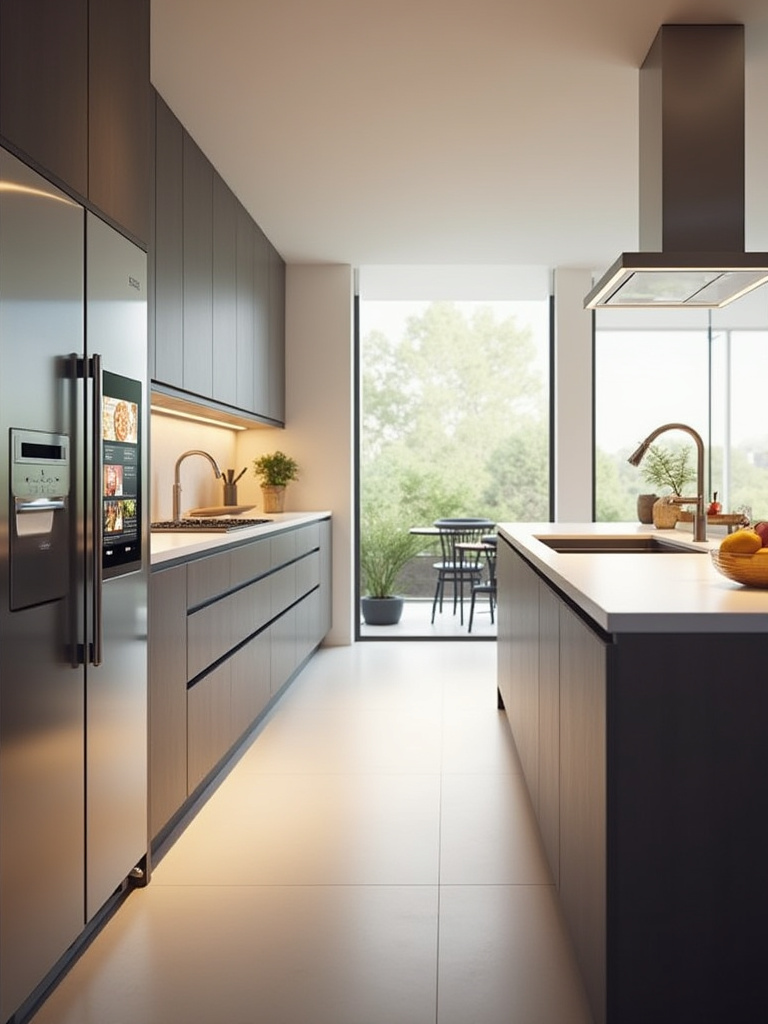 Kitchen featuring integrated smart technology including smart refrigerator and faucet.