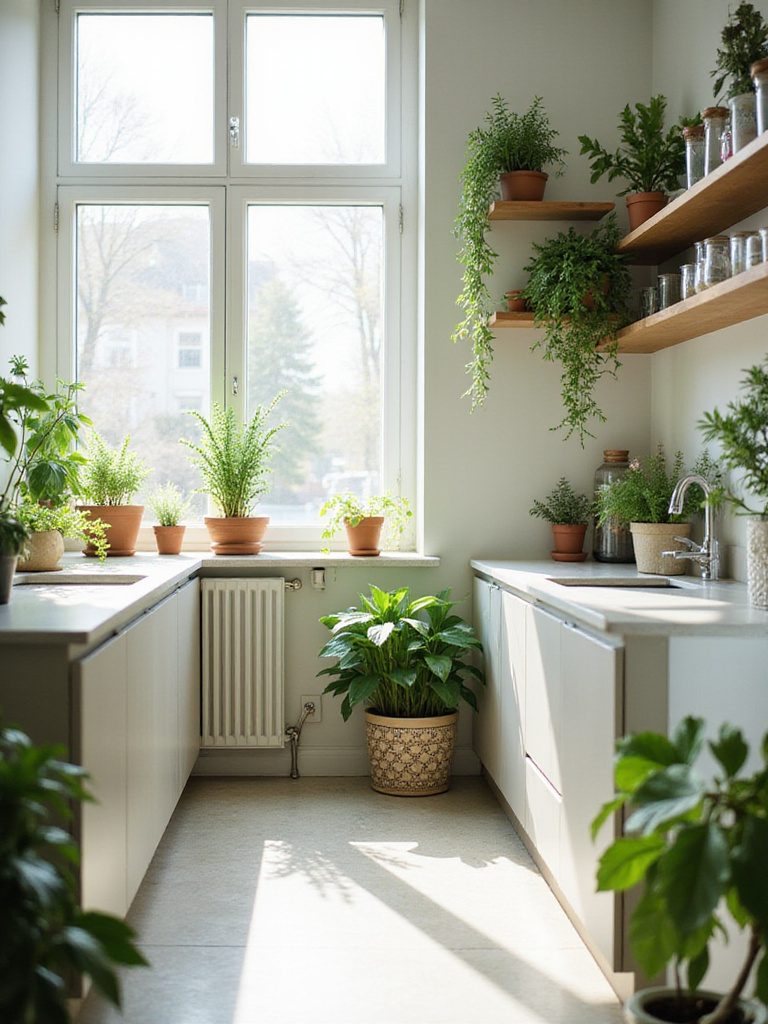 Kitchen with vibrant green plants on shelves and windowsills.
