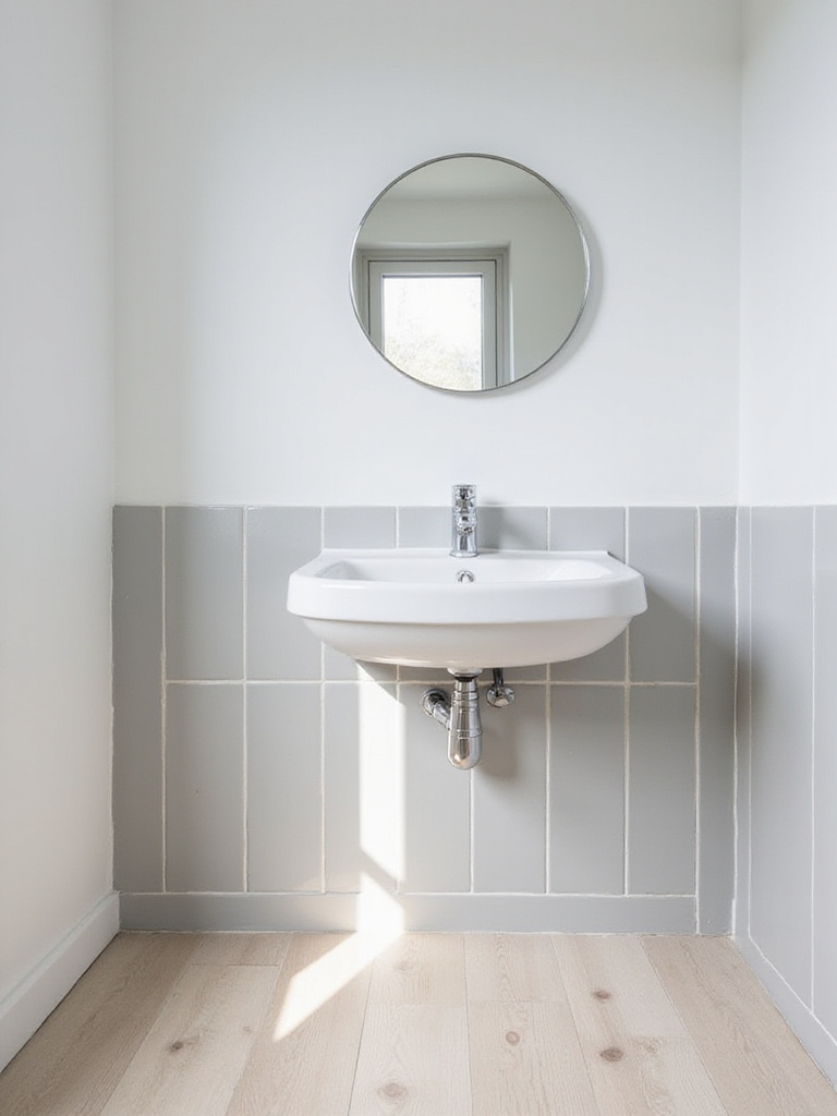Compact modern bathroom with a white wall-mounted sink emphasizing open floor space.
