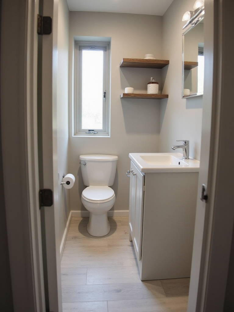 Tall cabinetry and shelves above the toilet maximizing vertical storage in a compact bathroom.