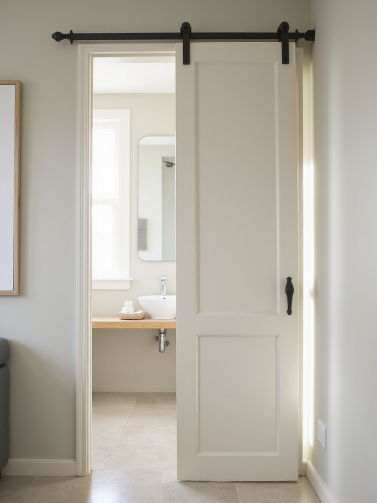 Light-colored pocket door partially open in a bright, modern small bathroom, showcasing space-saving design.