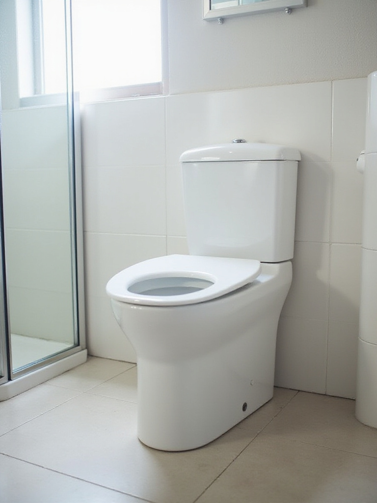 Compact elongated toilet with a sleek skirted design in a bright small bathroom.