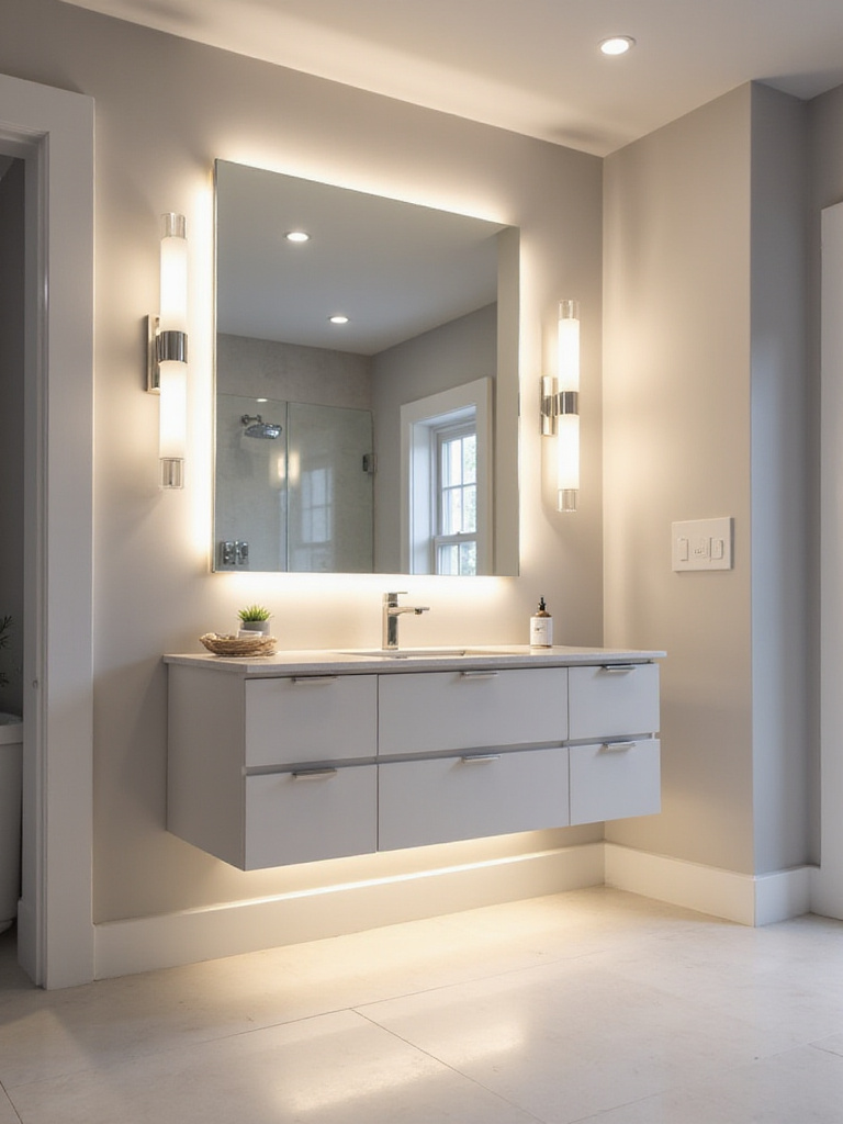 Small modern bathroom with recessed ceiling lights, vanity sconces, and under-cabinet LED lighting.