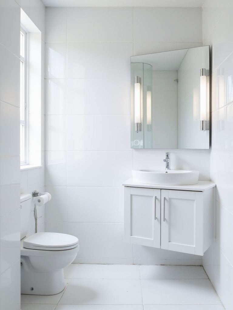 Small bathroom with glossy white tiles and a large mirror reflecting light for a spacious feel.
