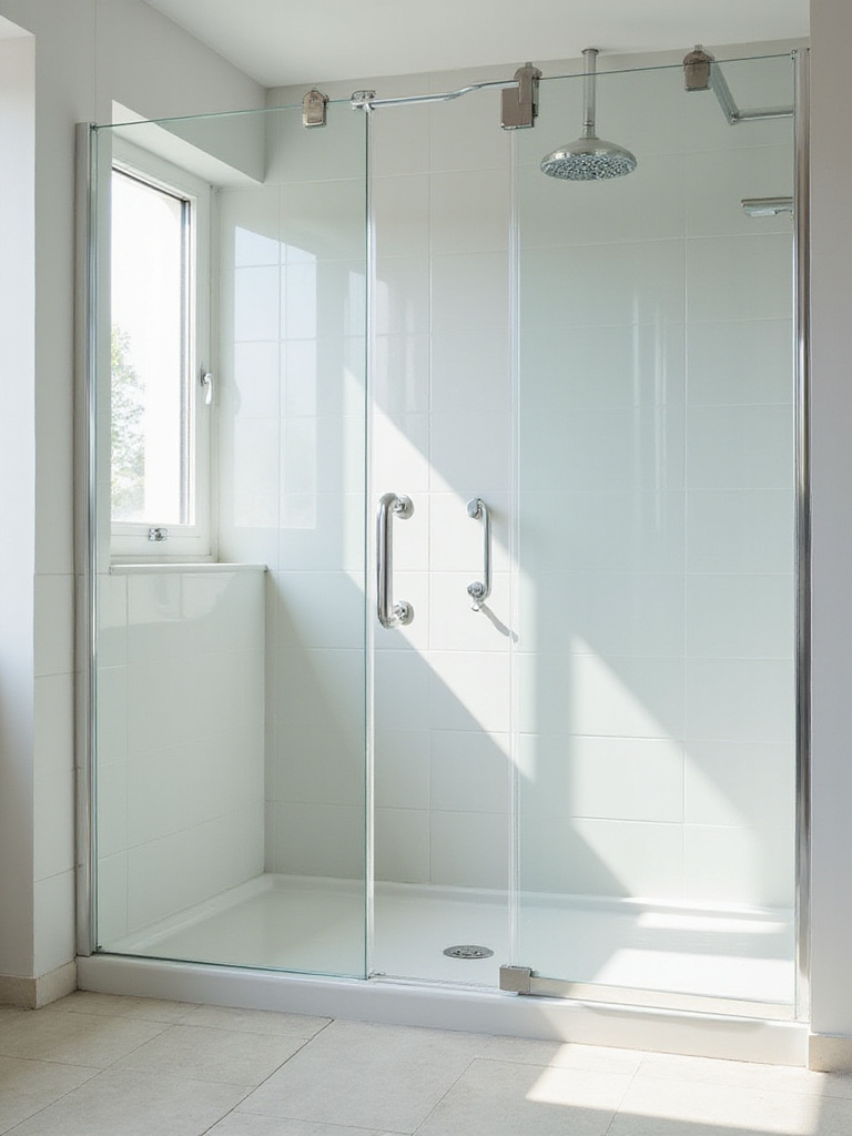 Small bright bathroom with a frameless clear glass shower door enhancing openness.