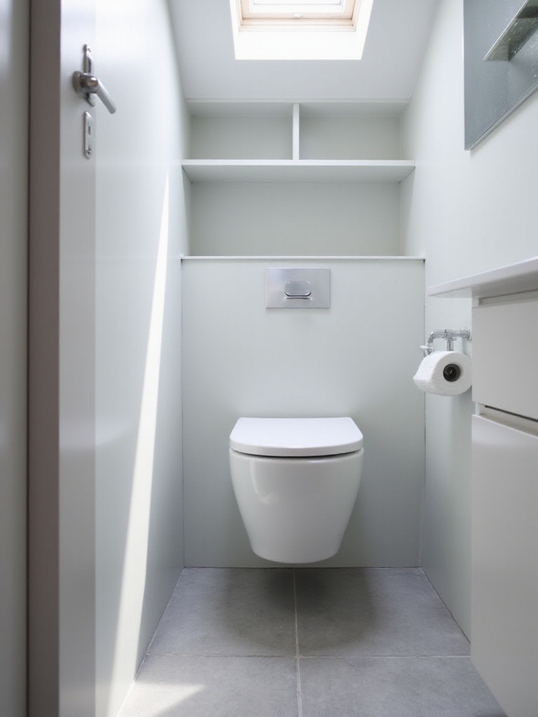 Modern small bathroom with a wall-hung toilet and integrated shelving above.