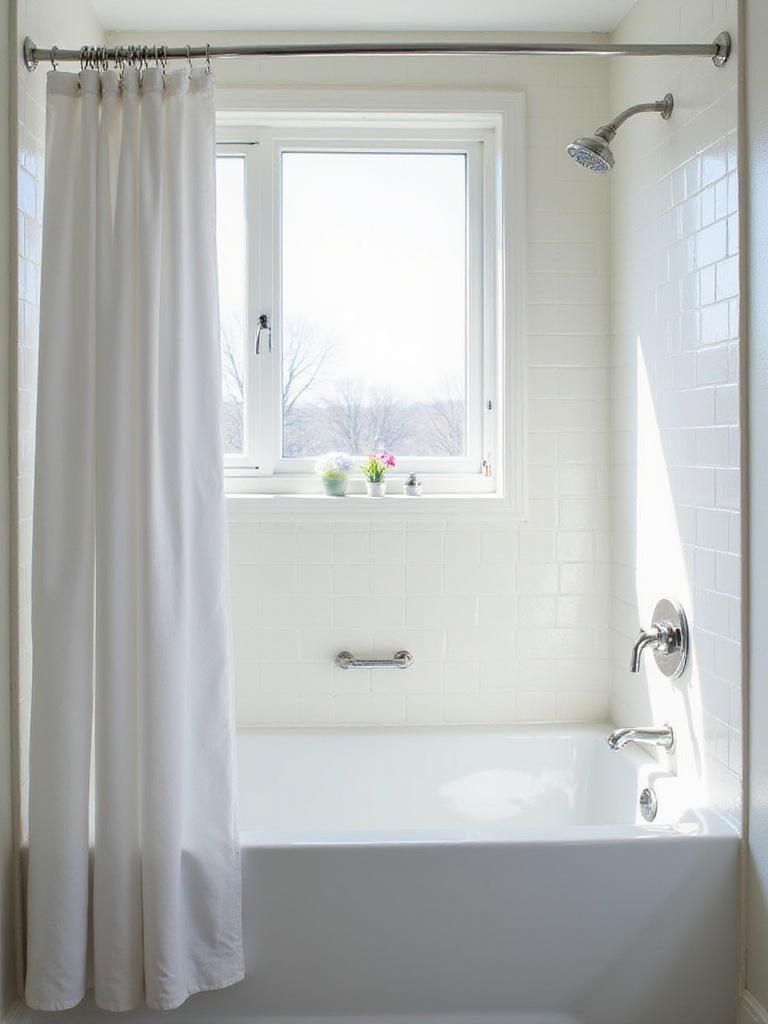 Modern small bathroom with a bathtub and fully retracted shower curtain revealing open space.