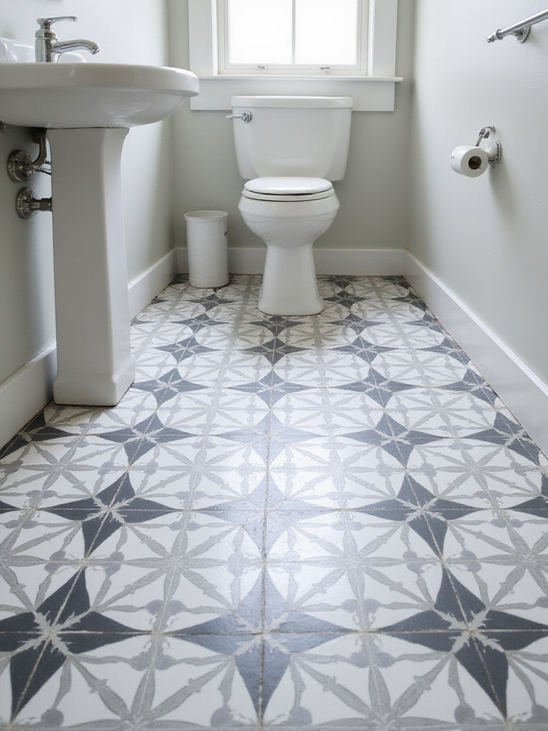 Small bathroom floor with bold geometric gray and white tiles adding style and depth.