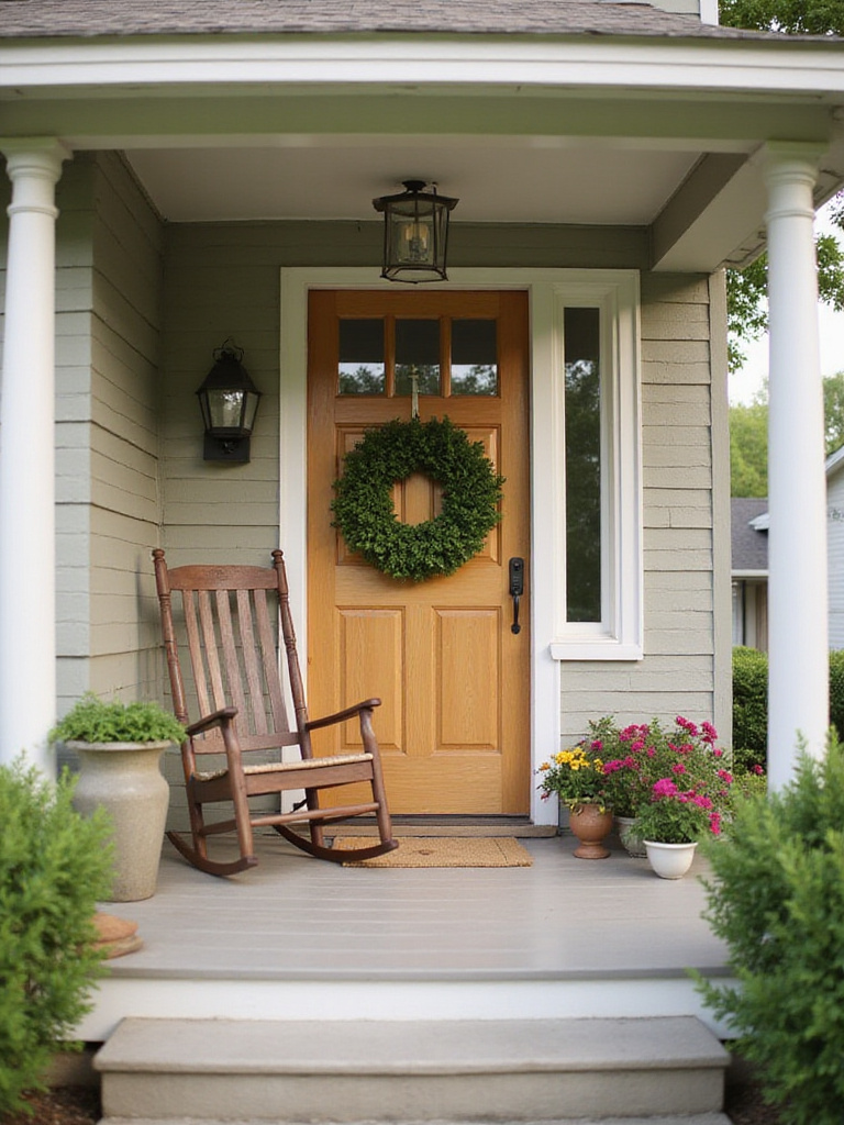 Green Boxwood Wreath on Wooden Front Door of Craftsman Home