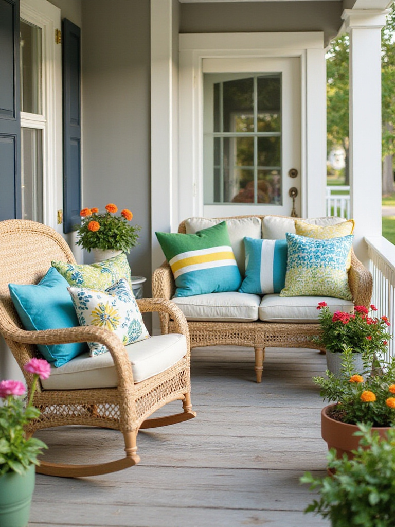 Colorful outdoor pillows on a front porch enhance curb appeal.