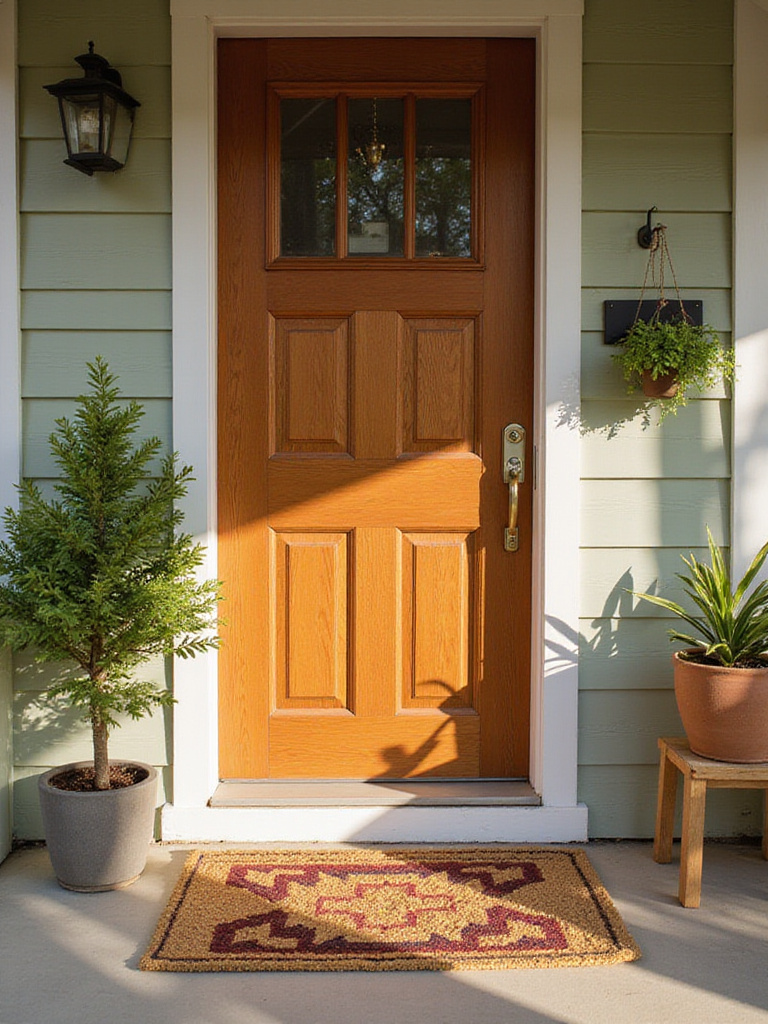 Front porch with a statement doormat featuring a geometric pattern.