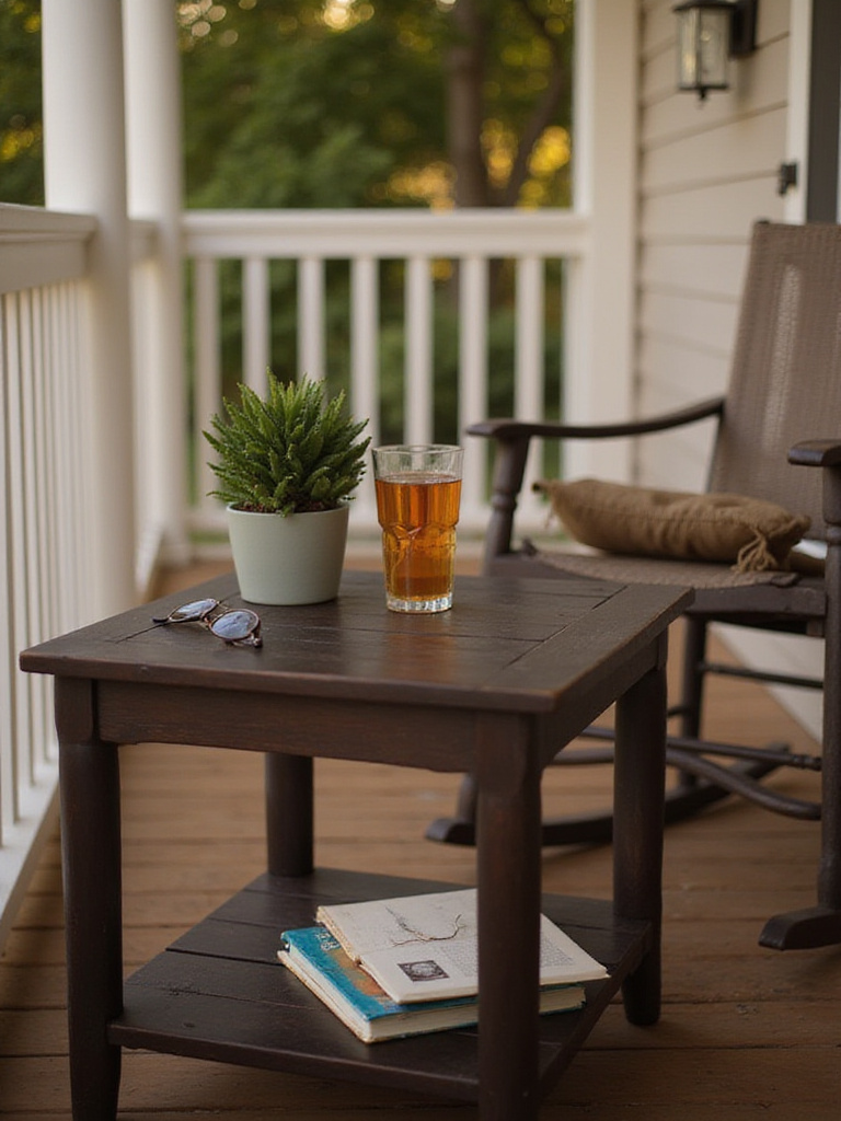 Stylish side table with potted succulent and iced tea on a welcoming front porch