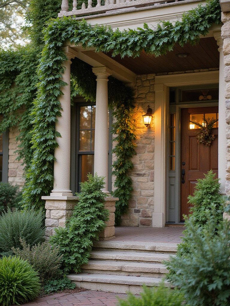 Greenery garlands draped across a front porch railing and columns, enhancing curb appeal with natural beauty.
