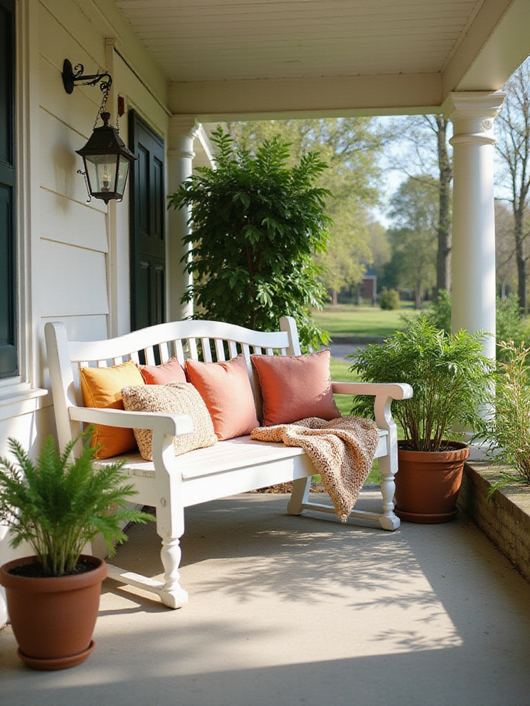 Relaxing white wooden porch swing with colorful cushions on a sun-drenched front porch.