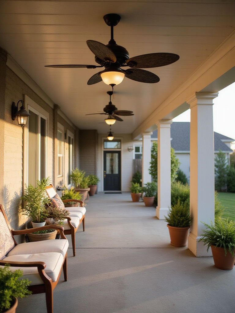 Front porch with outdoor ceiling fan providing cool air and adding to curb appeal.