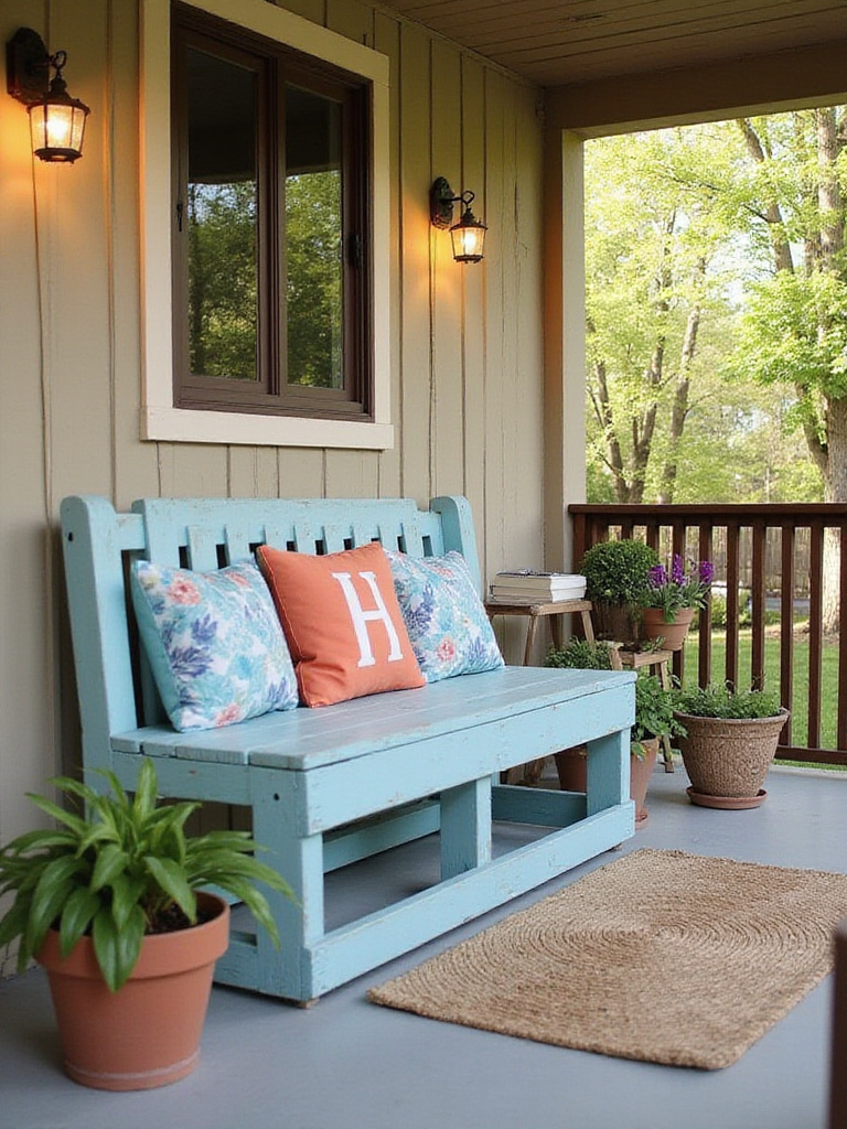 DIY pallet wood bench on welcoming front porch