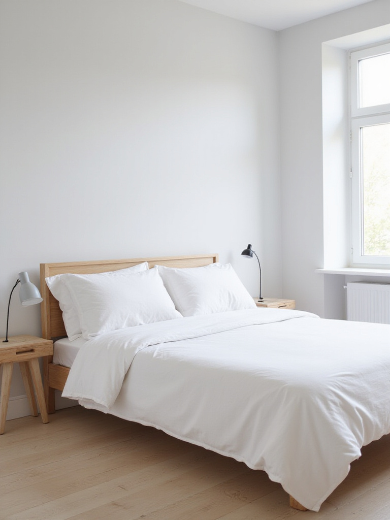 Minimalist bedroom featuring white linens, a simple nightstand, and ample natural light.