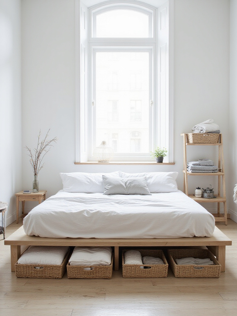 Minimalist bedroom with woven baskets used for under-bed storage and shelving organization