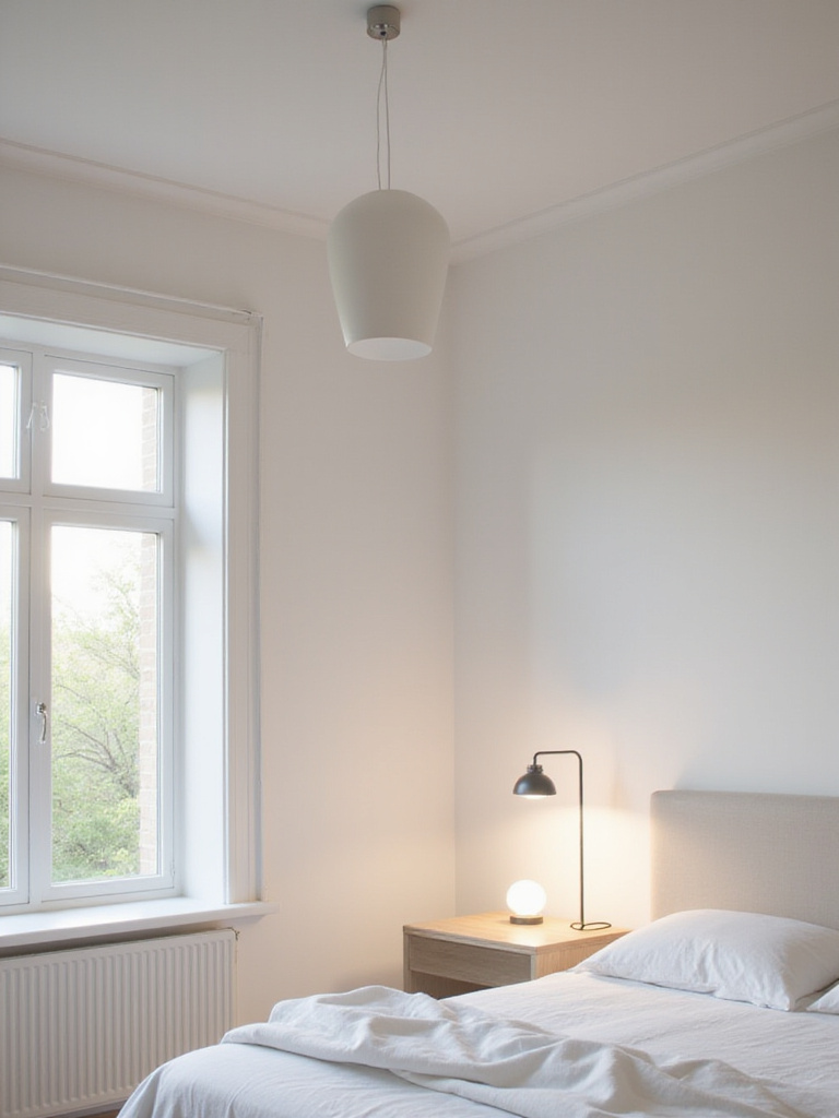 Minimalist bedroom with simple pendant light, floor lamp, and recessed lighting.