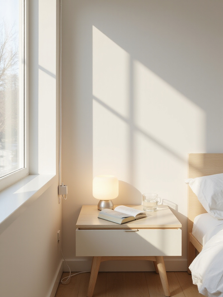 Minimalist bedroom nightstand with lamp, book, and water glass.