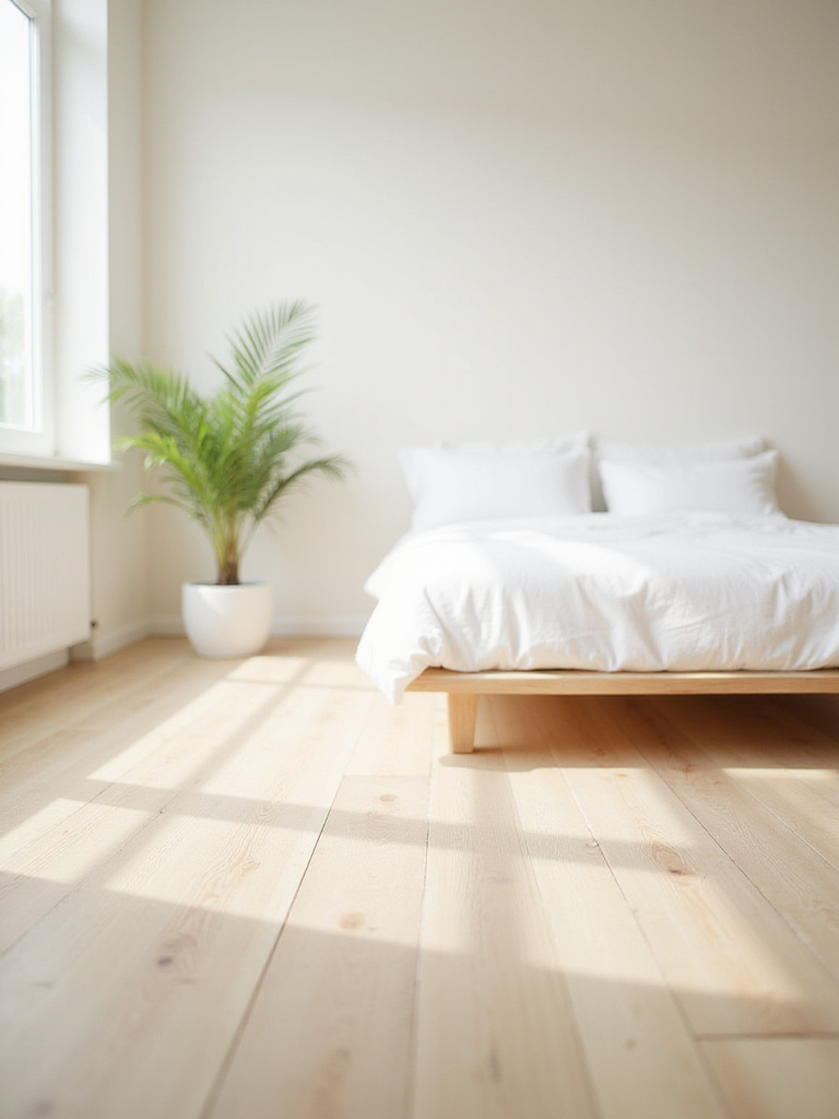 Minimalist bedroom with light wood flooring and natural light