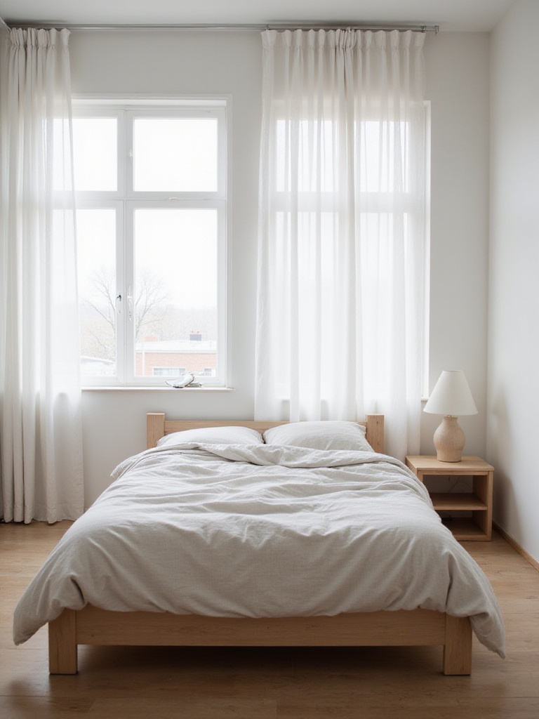 Minimalist bedroom featuring a high-quality linen duvet and wooden bed frame.