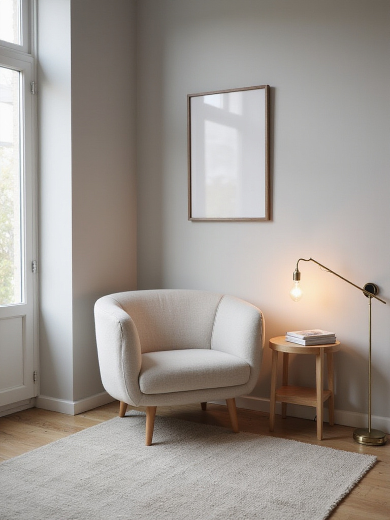 Minimalist bedroom reading nook with armchair, lamp, and rug.