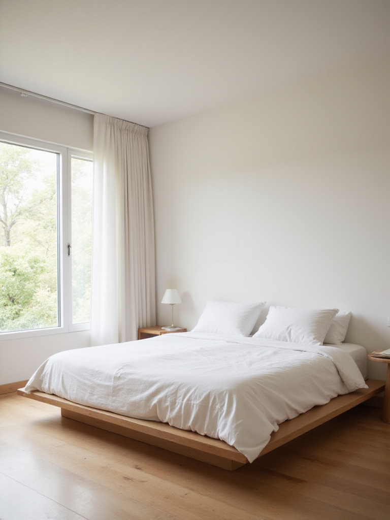 Minimalist bedroom with ample negative space, promoting a sense of calm.