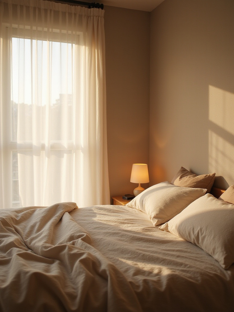Minimalist bedroom with soft, warm lighting creating a relaxing atmosphere.