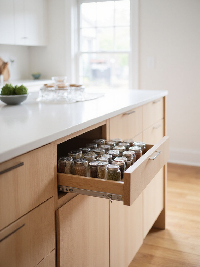 Kitchen island with built-in pull-out spice rack for easy spice access