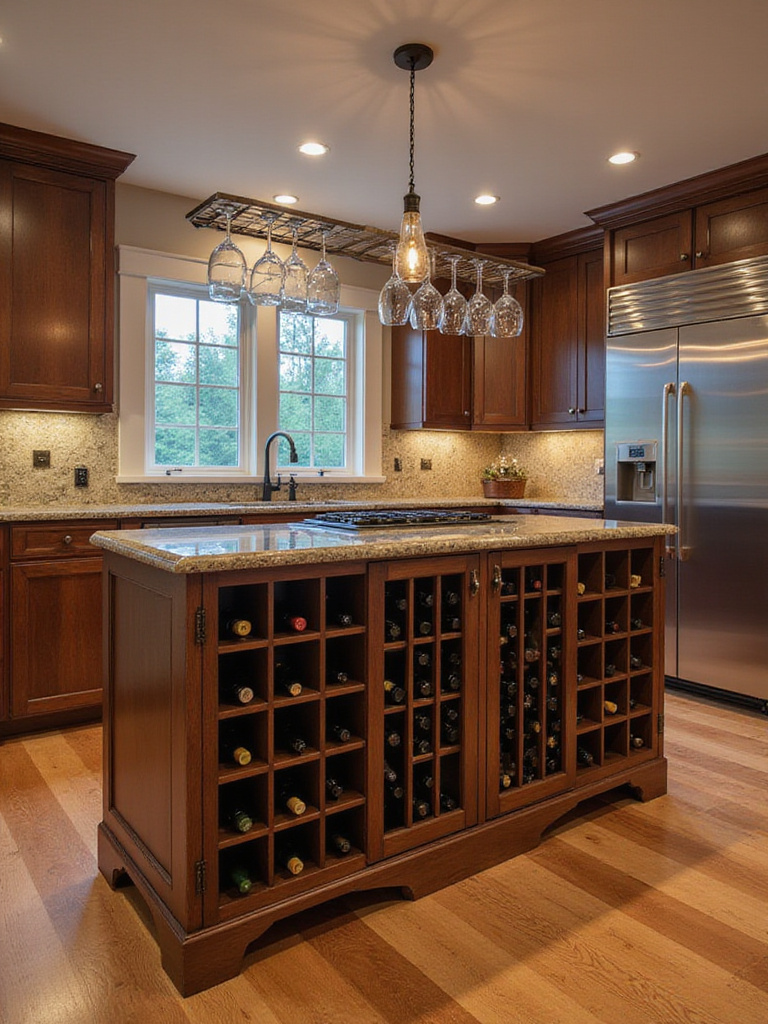 Elegant kitchen island with dark wood wine rack and stemware holders