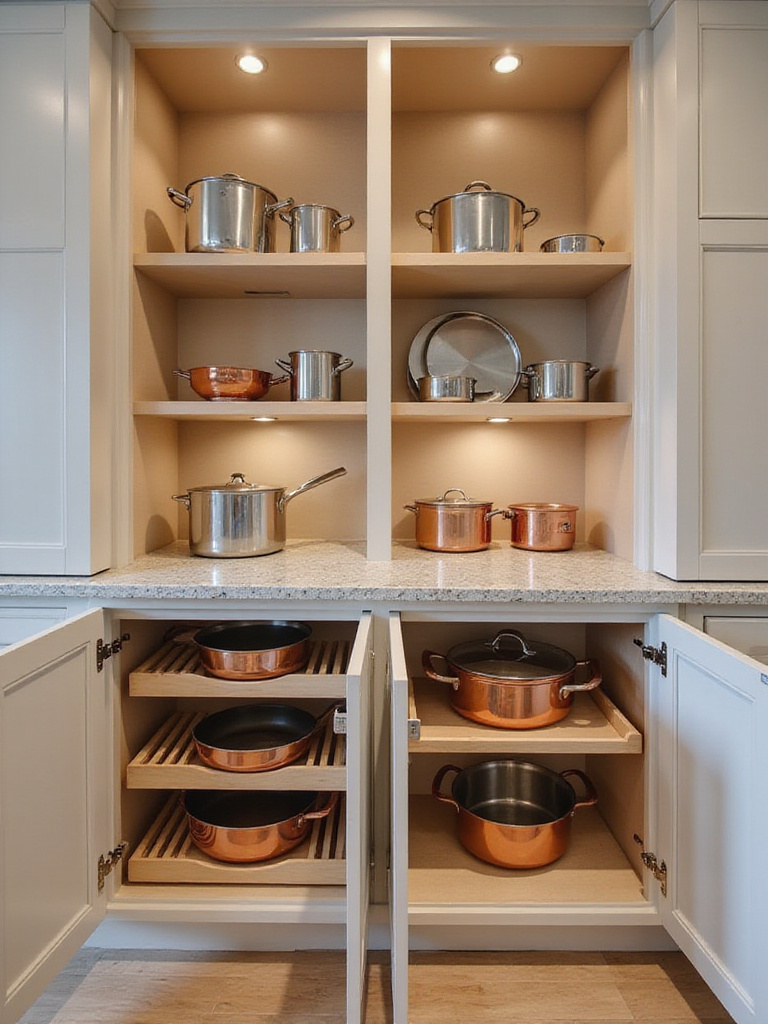 Deep kitchen island cabinets with pull-out shelves and dividers for organized pot and pan storage.