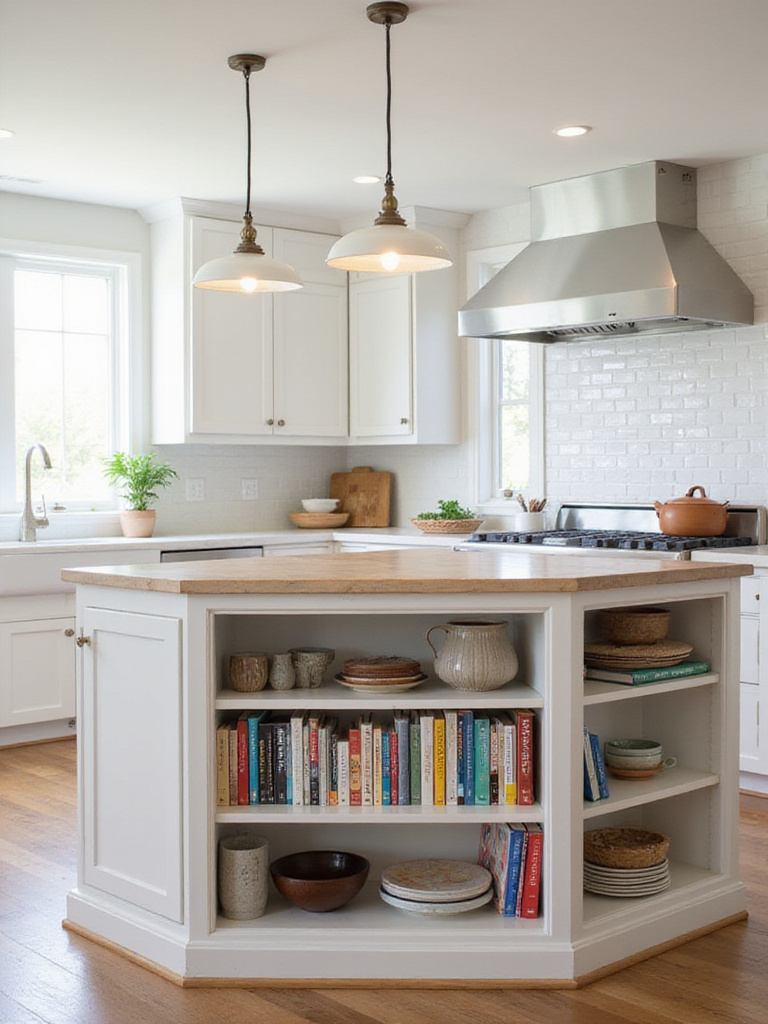 Kitchen island with open shelves displaying cookbooks and decorative items.
