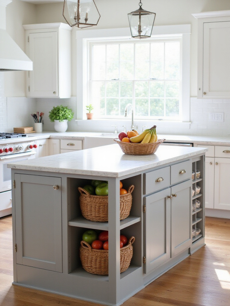 Kitchen island with open shelving and wicker baskets filled with fresh fruits and vegetables