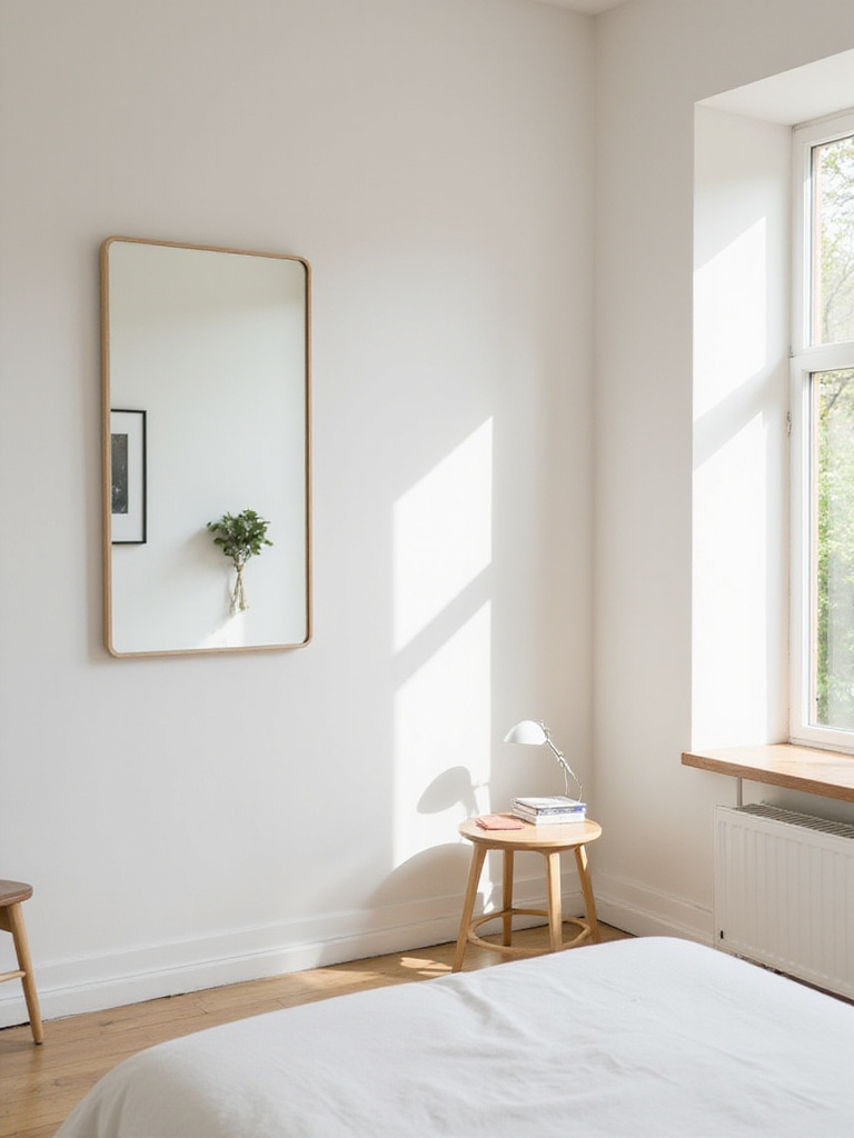 Small bedroom with large mirror reflecting natural light, creating spacious feel.