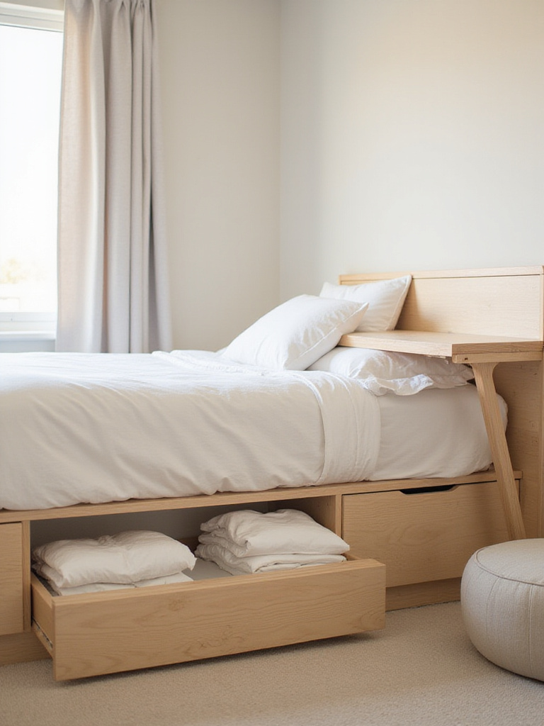 Small bedroom with multi-tasking furniture including bed with storage drawers, fold-down desk, and storage ottoman.