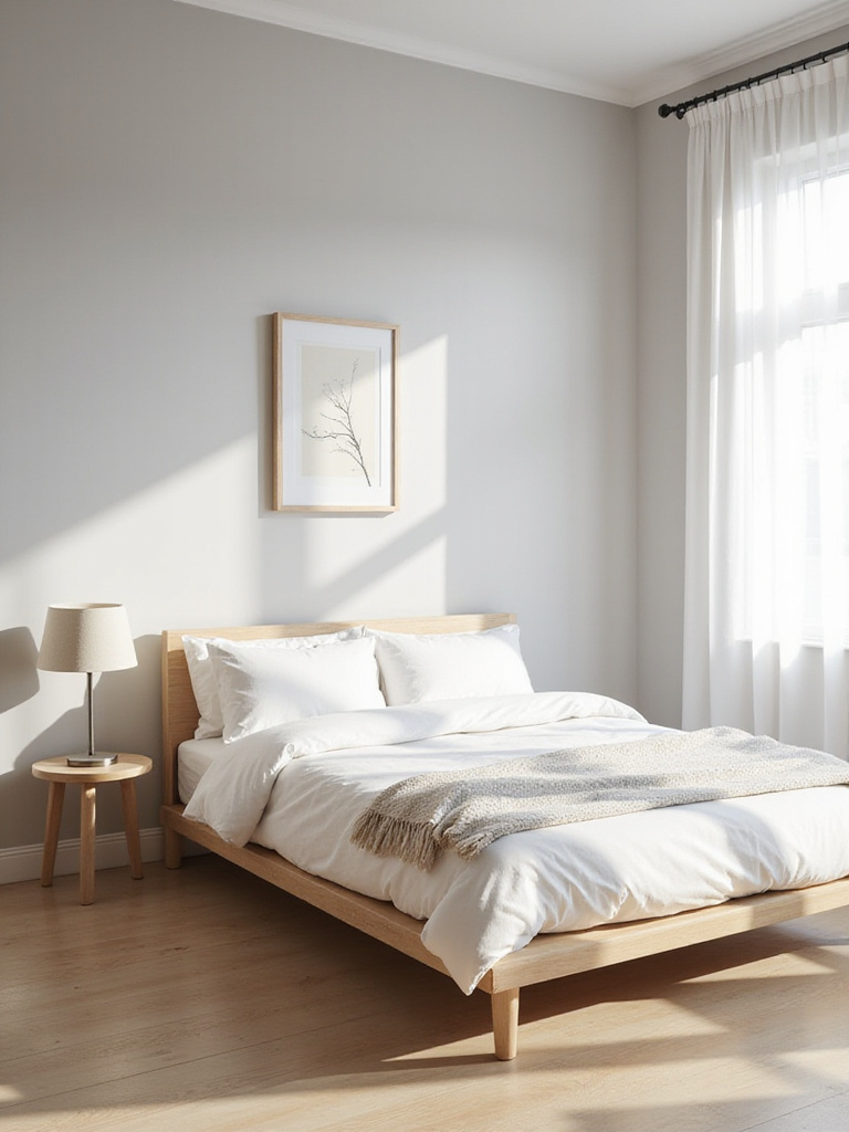 Minimalist bedroom with platform bed, neutral colors, and natural light.