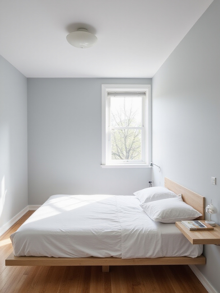 Small bedroom with floating nightstand and platform bed.